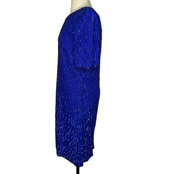 Laurence Kazar Silk Sequin Beaded Mini Dress Vintage 1980s Cobalt Blue M GUC - Picture 5 of 13